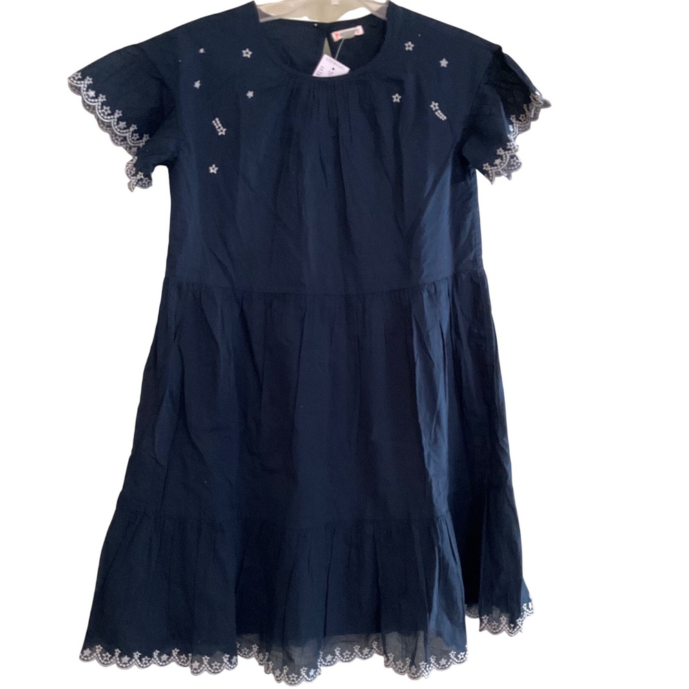 New Crewcuts J Crew Girls Navy Blue Star Embroidered Tiered Dress S 14 Nautical
